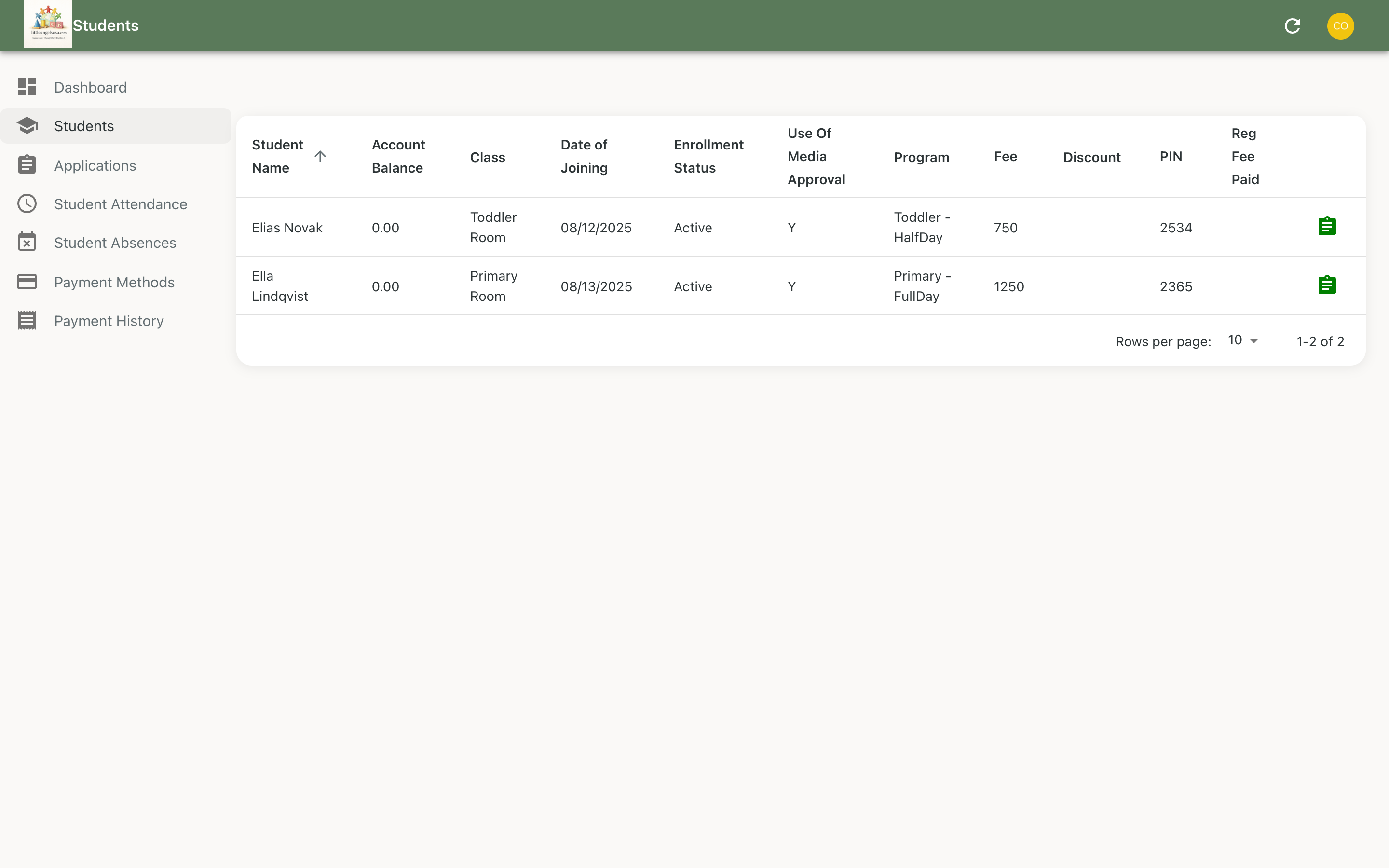 Parent portal students screen showing two children with balance, program and PIN (sample data)